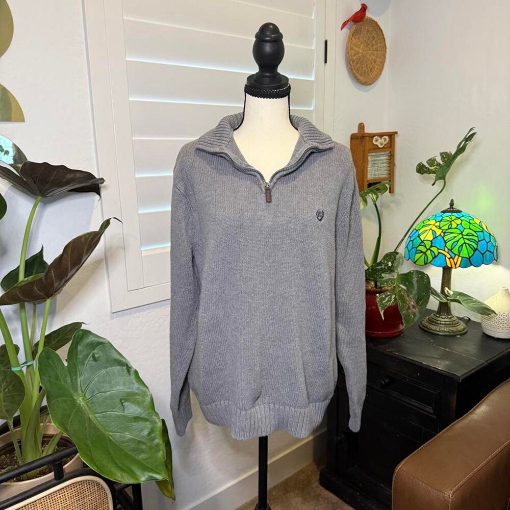 Chaps Gray 100% Cotton Quarter Zip Sweater Large Y2K Preppy